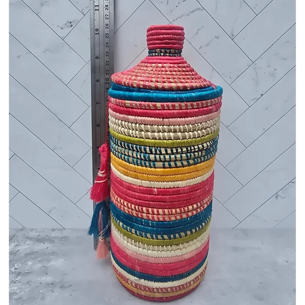 Handcrafted Rwanda Woven Basket Vase with Lid Tassel and Glass Insert Multicolor